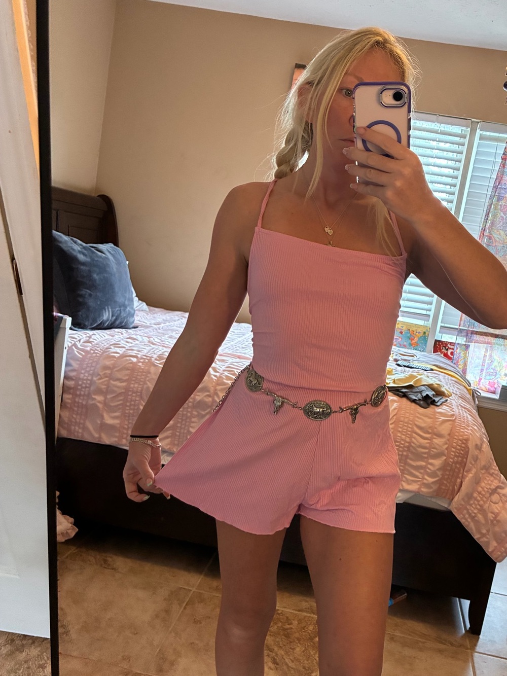 Pink Ribbed Lace-Up Open-Back Romper - Picture 4 of 6